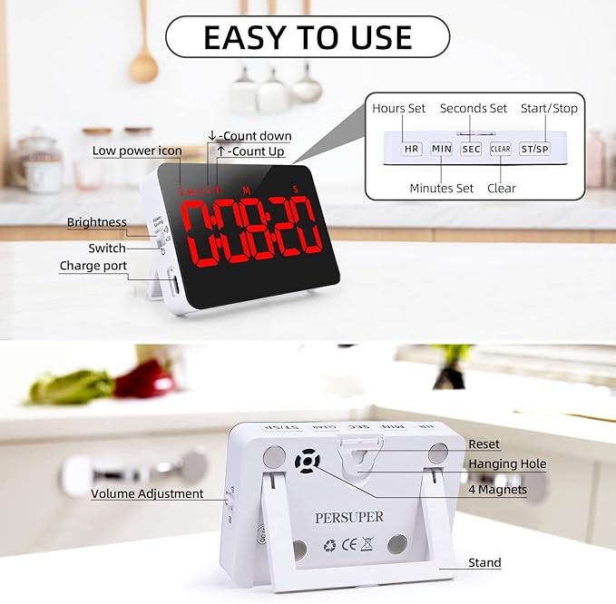 PERSUPER Digital Timer Kitchen Timer Count Down Up Rechargeable Kitchen Gadgets Vibration Mode Adjustable Volume and Brightness LED Display Time Management for Cook, Desk, Kids Adults Study Teaching | Adjustable Volume and Brightness LED Display, Time ...