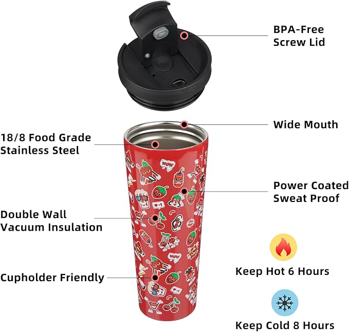 BJPKPK 26 oz Coffee Tumbler with Straw, Insulated Stainless Steel Cup | Double Wall Vacuum, Leak Proof Lid, Keeps Hot/Cold/Iced, BPA Free, Travel & Outdoor, Passionate-Red