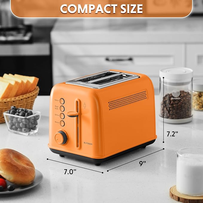 BUYDEEM DT620 2-Slice Toaster, 7 Shade Settings, Extra Wide 1.5'' Slots for Bagel & English Muffin, 6 Toasting Functions, Retro Stainless Steel Toaster with High Lift Lever, Orange