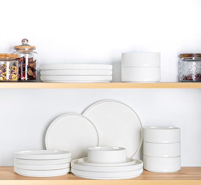 Ceramic Dinnerware Set for 8, 24-Piece Plates and Bowls Set | Lightweight Porcelain Dish Set, Scratch Resistant, Oven & Microwave & Dishwasher Safe, Bright White