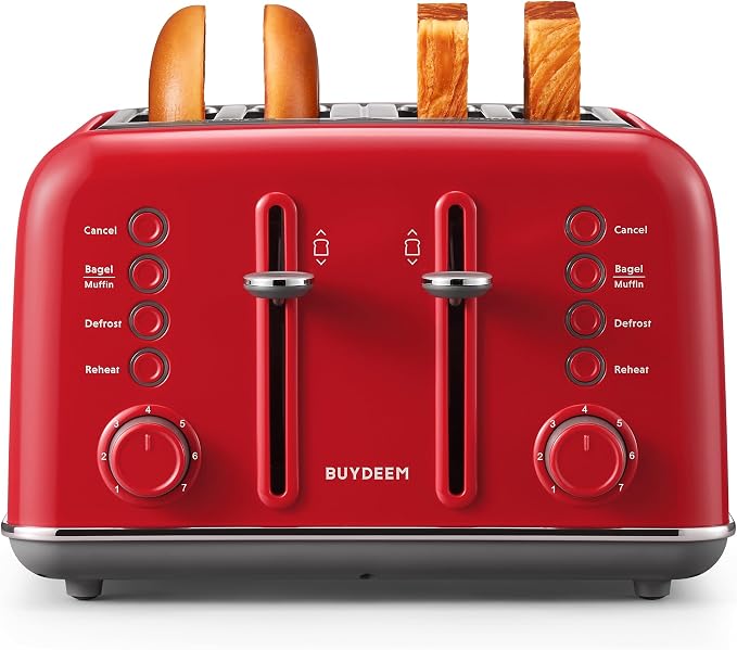 BUYDEEM DT640 4-Slice Toaster, 7 Shade Settings, Extra Wide 1.5’’ Slots for Bagel & English Muffin, 6 Toasting Functions, Retro Stainless Steel Toaster with High Lift Lever, 1800W, Red