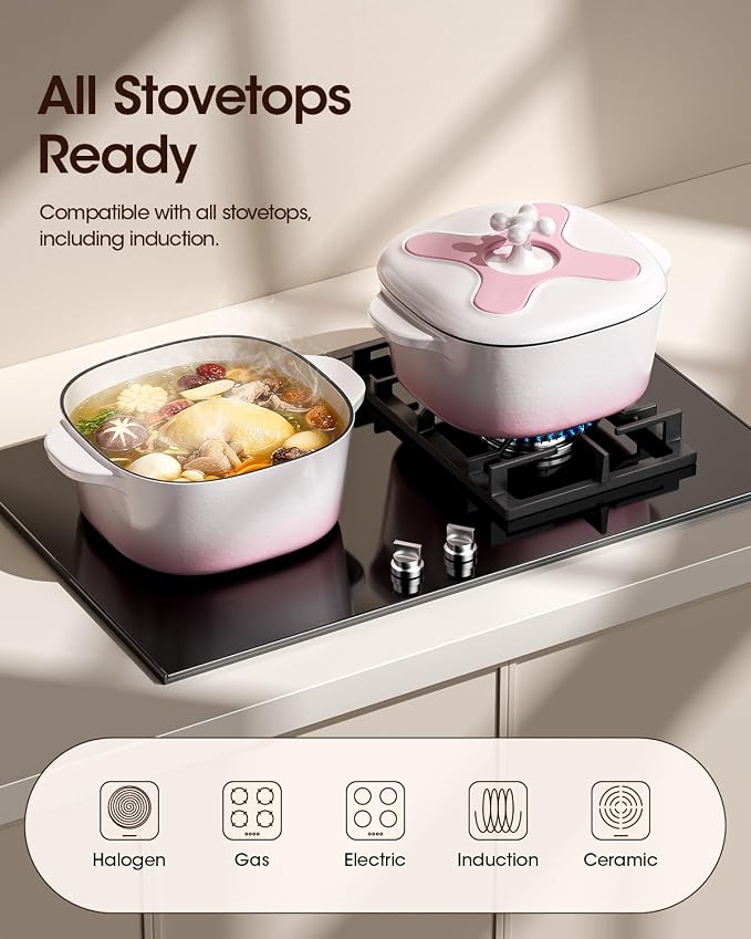 5 Qt Enameled Cast Iron Dutch Oven with Lid, Cream Pink White | 6-Layer Nonstick Enamel, Extra Capacity Oval Design, Heavy Self-Basting Lid, Heat-Resistant Silicone Pad Included