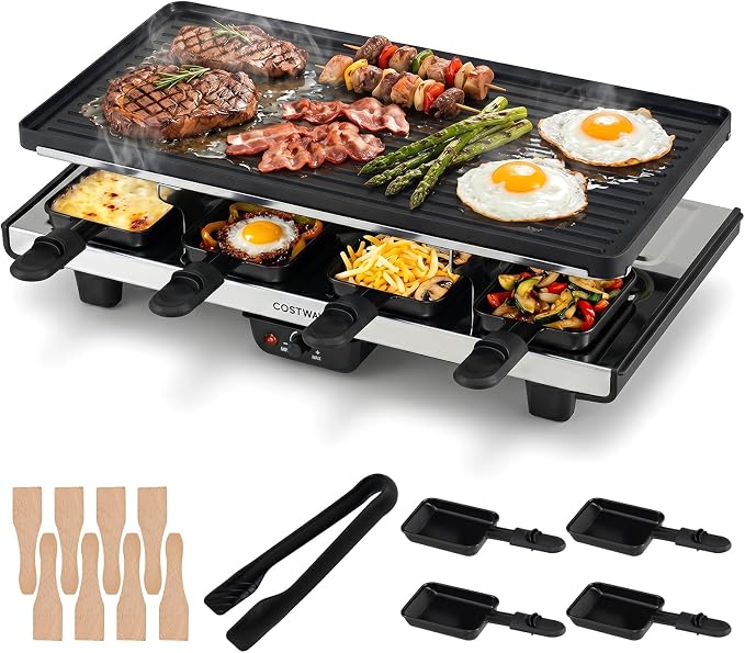 COSTWAY Raclette Grill for 8, 2-in-1 Table Grill & Griddle with Reversible Nonstick Plate, 8 Cheese Pans, 8 Wooden Spatula, Tong & Adjustable Temp Control, 1400W Electric Griller for Indoor & Outdoor