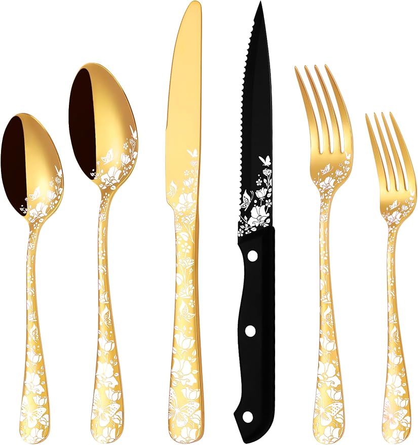 Stapava 24 Pcs Gold Silverware Set with Steak Knives, Stainless Steel Gold Silverware Flatware Cutlery Set for 4, Include Forks, Spoons and Knives set, Mirror Polished, Dishwasher Safe