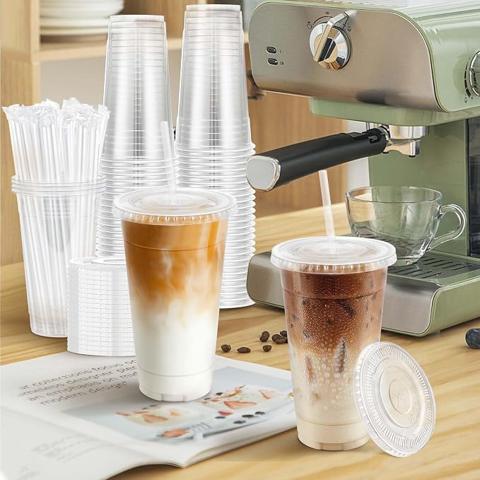 Clawsoff 100 Pack 24 oz Disposable Clear Plastic Cups with Lids and Straws | Leak-Proof Sturdy Cold Drink Cups for Iced Coffee, Smoothies, Juice, Parties & Business
