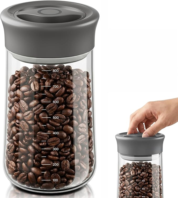 Airtight Glass Storage Jar 27 oz, Easy Open 1/4-Turn Lid Coffee Container | Easy-Open Quarter-Turn Lid, Airtight, Food Grade, Transparency, with Scale