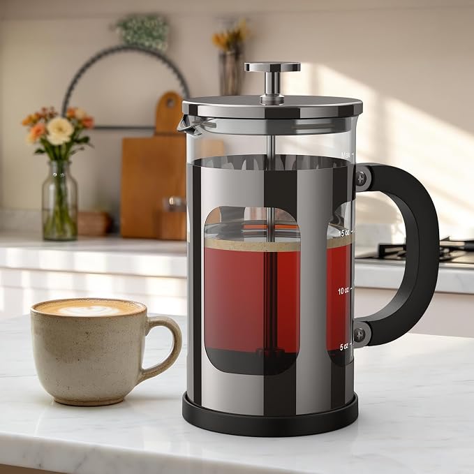 Veken French Press Coffee Maker,No Plastic Touches Cafe,21oz 0.6L Small Pot | Heat Resistant Thickened Borosilicate Glass Stainless Steel Brewer, Single Serve,Kitchen,Travel,Camping,Tea,Gifts,Dark Pewter