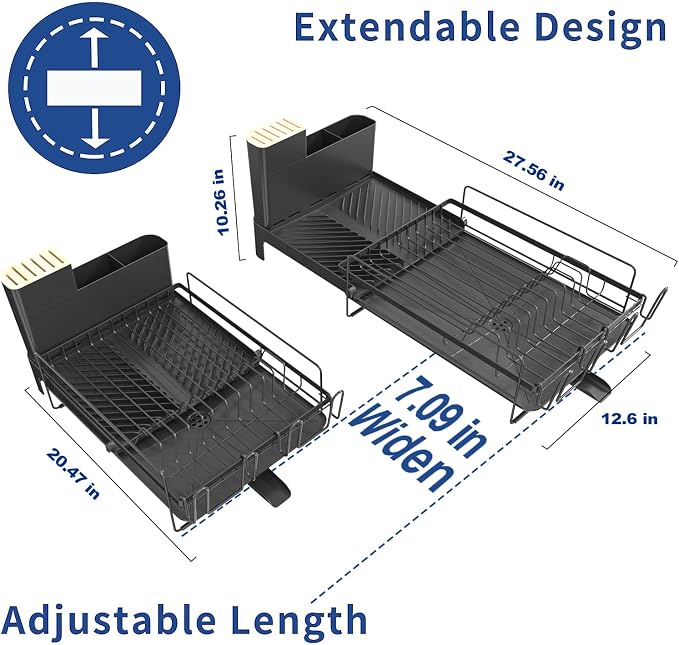 Runnatal Large Dish Drying Rack Stainless Steel Sink for Kitchen | Extendable Dish Rack Used in Sink & Kitchen Counter, with Drainboard Set & Utensil Holder & Cup Holder 20.5"-27.6"L x 12.6"W