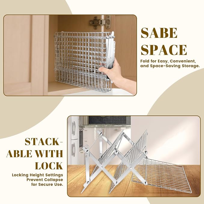 BEWOS 3-Tier Collapsible Cooling Rack - Adjustable Stainless Steel Baking Rack with X-Shaped Design and Leak-Proof Mesh Surface, Mirror Polished & Dishwasher Safe Cooling Rack