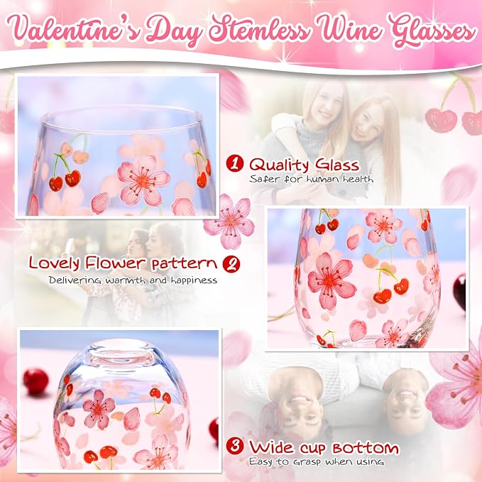 Sliner 2 Pack 17oz Cherry Blossom Stemless Wine Glasses Cherry and Flower Drinking Glasses Floral Tumbler Cups for Women Wedding Birthday Gift Parties Supplies