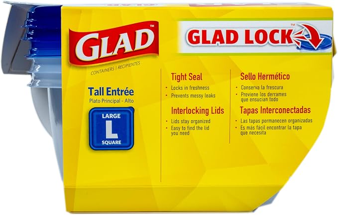 Glad GladWare Tall Entree Containers, Large Square, 42 Oz, 3 Count | Lock-tight seal for meal prep and lunches in a tall square format; microwave and dishwasher safe