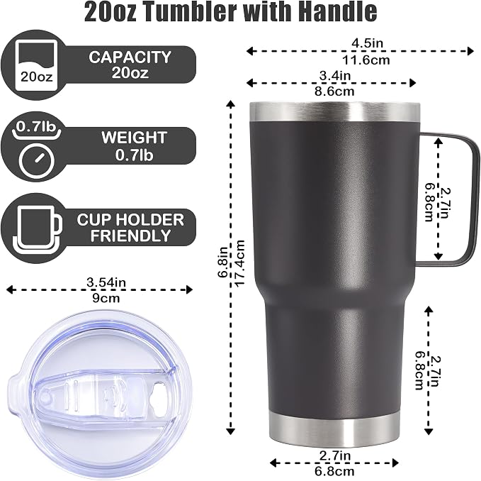20 oz Tumbler with Handle Coffee Tumblers with Lid Travel Mug Grey 12P | 20oz Tumblers with Handle Double-Wall Insulated Vacuum Coffee Mugs Stainless Steel Tumbler with Handles&Lid Grey 12P