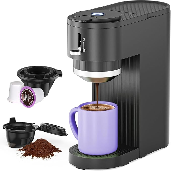 Electactic Dual Brew Single Serve Coffee Maker for Capsules & Ground Coffee | 2 in 1 coffee machine, 5 brew sizes up to 14oz, adjustable funnel height, quick brew & easy clean for home, office & outdoor