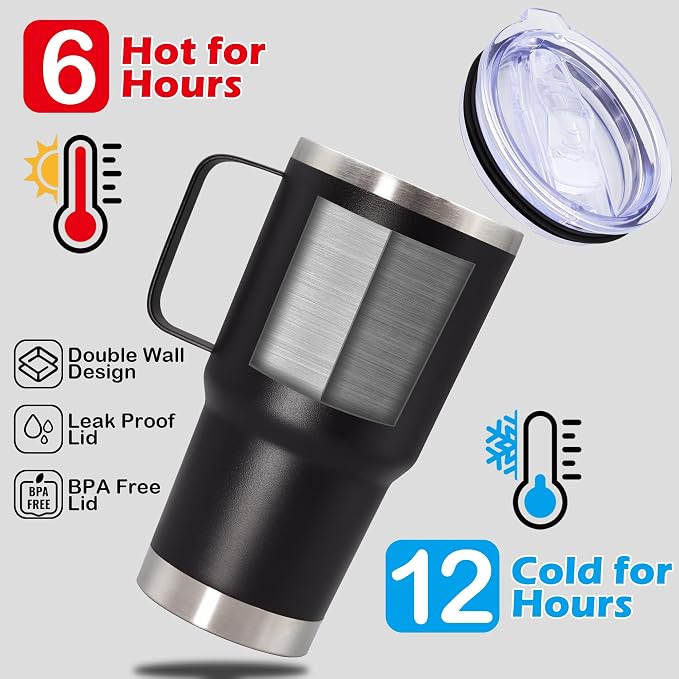 20 oz Tumbler with Handle Coffee Tumblers with Lid Travel Mug Black 6P | 20oz Tumblers with Handle Double-Wall Insulated Vacuum Coffee Mugs Stainless Steel Tumbler with Handles&Lid Black 6P