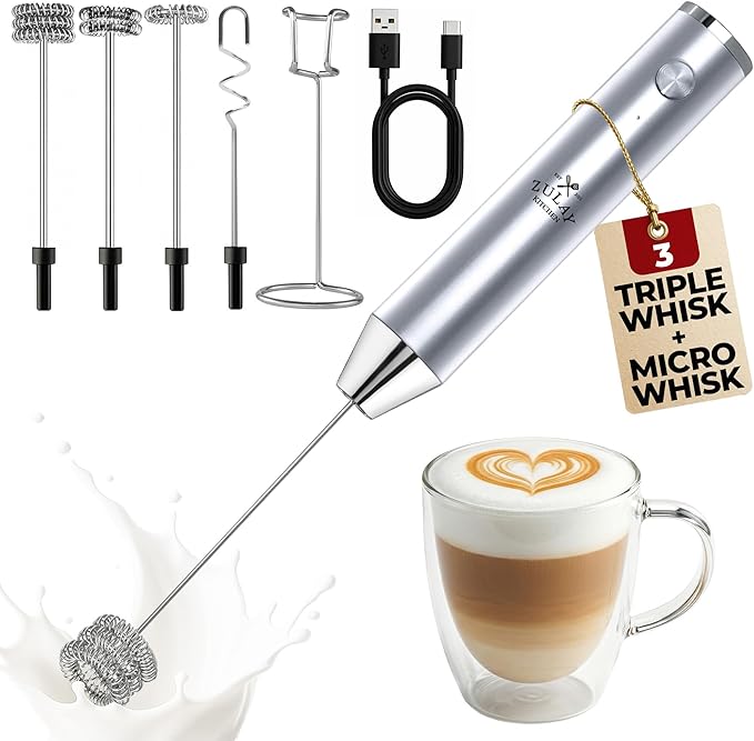 Zulay Kitchen Rechargeable Milk Frother Handheld - Frother Wand, Drink Mixer, Electric Whisk Frother, for Cappuccinos, Matcha & Protein Powder - Lux 4 Whisk 2 Speed Waterproof 2000mAh Silver