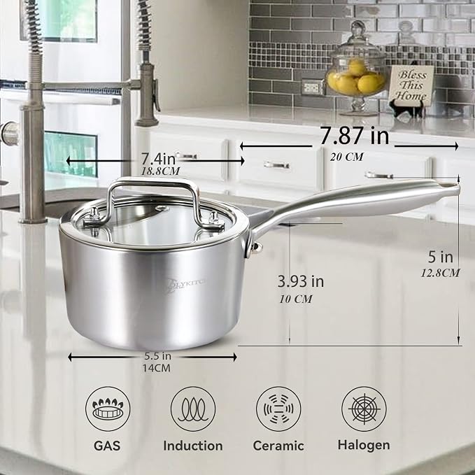 LOLYKITCH Tri-Ply Stainless Steel 2.5 QT Saucepan with Lid | Dia.18CM | Induction Cooking Sauce Pot | Oven and Dishwasher Safe | Detachable Handle