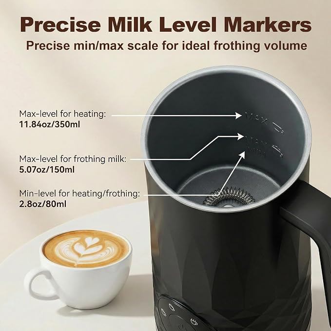 Milk Frother, 4 in 1 Electric Milk Steamer, Warm and Cold Foam Maker | Quiet Coffee Frother for, Latte, Cappuccino, Hot Chocolate, Dishwasher Safe