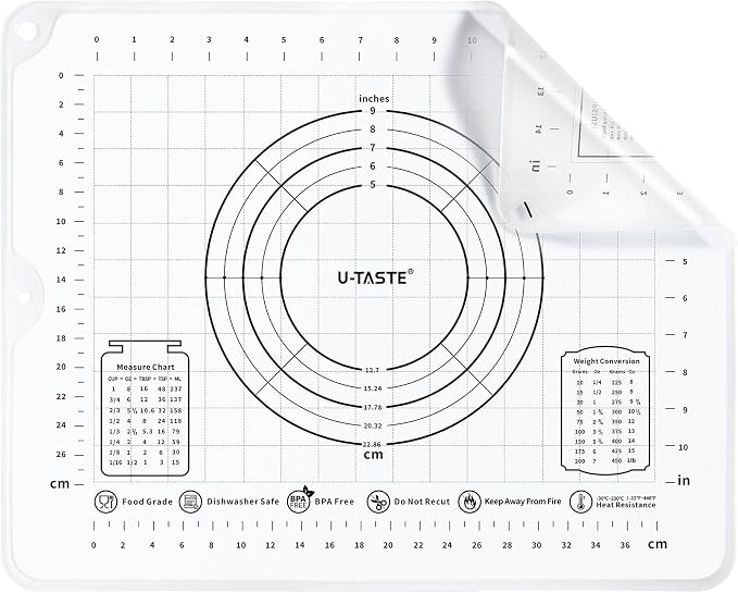 U-Taste Silicone Pastry Mat, Dough Rolling Baking Sheet, 16x20"/Transparent | Food-Grade Liquid Silicone, Non-Stick Non-Slip, Baking Supplies for Pizza Cookie Pie Crust, Clear Measurement & Raised Edges