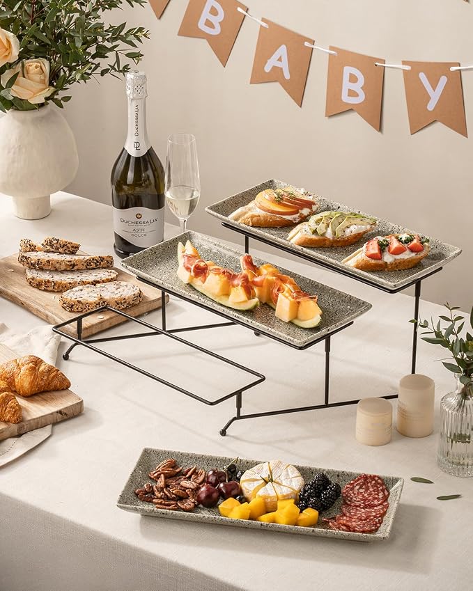 LAUCHUH 3 Tier Serving Trays for Party, Porcelain Dessert Party Display Set | 14 inch Serving Platters & Trays with Collapsible Sturdier Rack Tiered Tray Stand for Halloween Thanksgiving, Speckled Gray