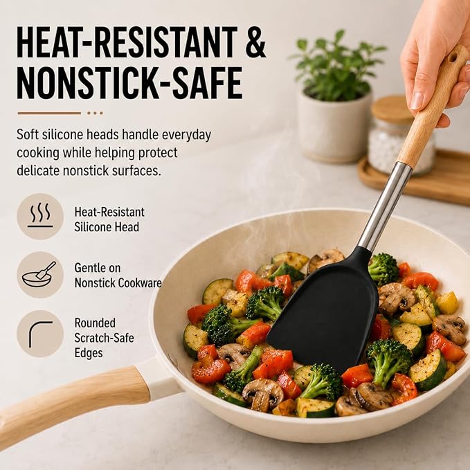 Silicone Kitchen Utensils Set, 9 Pcs Full-Size Non-Toxic Cooking Utensils with Wooden Handles & Stainless Steel Core, Heat Resistant Food Grade Kitchen Gadgets for Nonstick Cookware