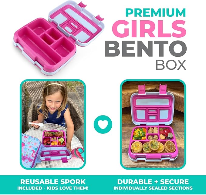 kinsho Bento Lunch Box Container for Small Kids Girls, Pink Fairy Princess | 5 Portion Sections, BPA-Free Spill-Proof Leakproof Removable Plastic Tray, Snacks and Lunches for Toddlers Pre-School Daycare