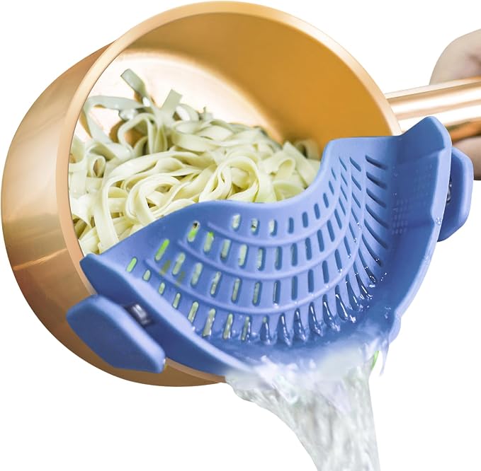 AUOON Clip On Pot Strainer Silicone, Standard 8.86 x 3.55in, Blue Velvet | BPA-free, Fits All Pots Pans Bowls, Dishwasher Safe, for Pasta Noodles Vegetable Fruits, Space-saving Kitchen Gadget