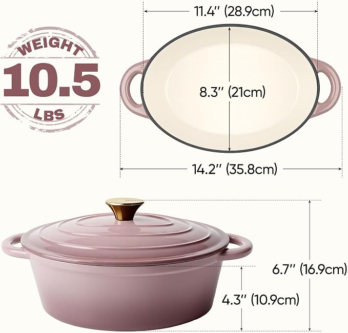 Oval Dutch Oven for Bread Baking, 4.5 Quart Non Stick Enameled Cast Iron Dutch Oven Pot with Lid, Oven Safe Oval Casserole with Lid up to 500°F for Baking, Braising, Stews, Roasting, Pink