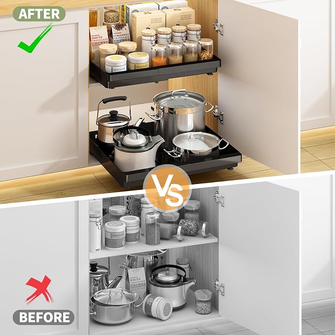 DOMNIU Pull Out Cabinet Organizers Expandable,Black,20.8" Depth,2 Pack | Slide Out Drawers for Kitchen, Bathroom, Pantry, Under Sink Storage, Fixed with Adhesive Nano Film (13''-19'')