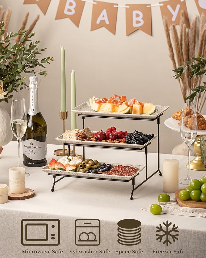 LAUCHUH 3 Tier Serving Tray, Porcelain Serving Platters and Trays for Party | 12 Inch Tiered Tray Stand Cupcake Stand with Collapsible Sturdier Rack & 2 Cross Bars for Thanksgiving Day, Speckled Glaze