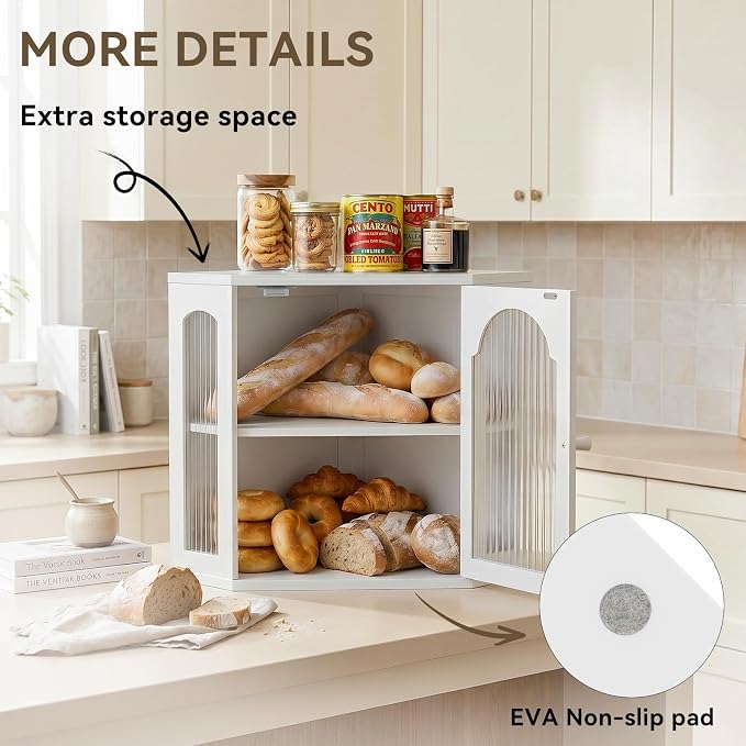 2-Tier Corner Bread Box for Kitchen Countertop with Acrylic Wavy Door Panel | Bread Storage for Homemade Bread, Large Bamboo Vintage Farmhouse Bread Bin, Cabinet Cupboard Pantry, White, Meduim