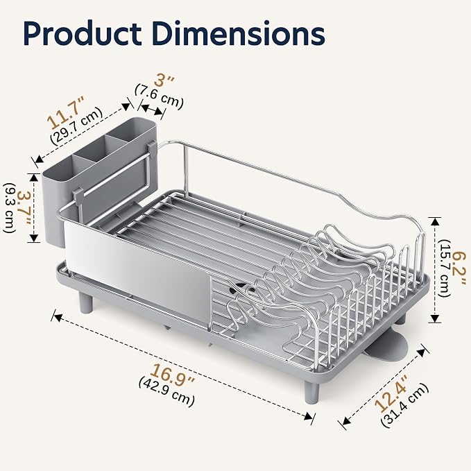 KINGRACK Stainless Steel Dish Drying Rack with Cup Holder for Counter, Grey | 16.9"L x 12.4" W Dish Rack with Spacious Drying Capacity, Quick Auto Dish Drainer for Plate Dish Dinnerware，Sliver