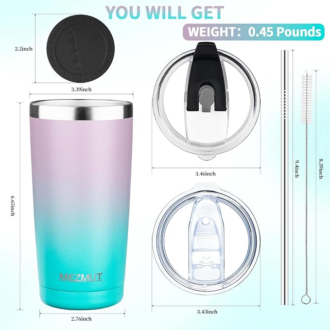 MEZMUT 20oz Insulated Tumbler Travel Coffee Mug with Lid Straw(Lavender,1) | 18/8 Stainless Steel Double Wall Vacuum Spill Proof Metal Insulated Tumbler with Daul Lid and Straw, Hot or Iced Coffee Cup