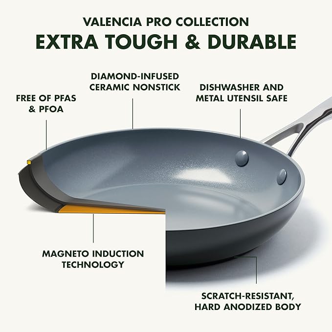 GreenPan Valencia Pro 10" Ceramic Nonstick Frying Pan with Lid | PFAS-Free Nonstick Skillet, Induction Ready, All Stovetop Compatible, Eggs & Omelets, Dishwasher Safe, Oven Safe up to 600F