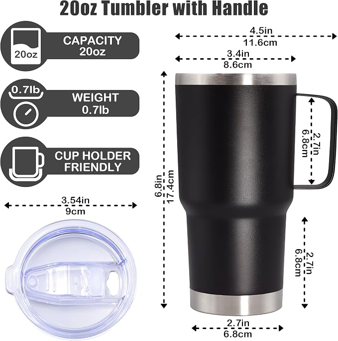 20 oz Tumbler with Handle Coffee Tumblers with Lid Travel Mug Black 6P | 20oz Tumblers with Handle Double-Wall Insulated Vacuum Coffee Mugs Stainless Steel Tumbler with Handles&Lid Black 6P