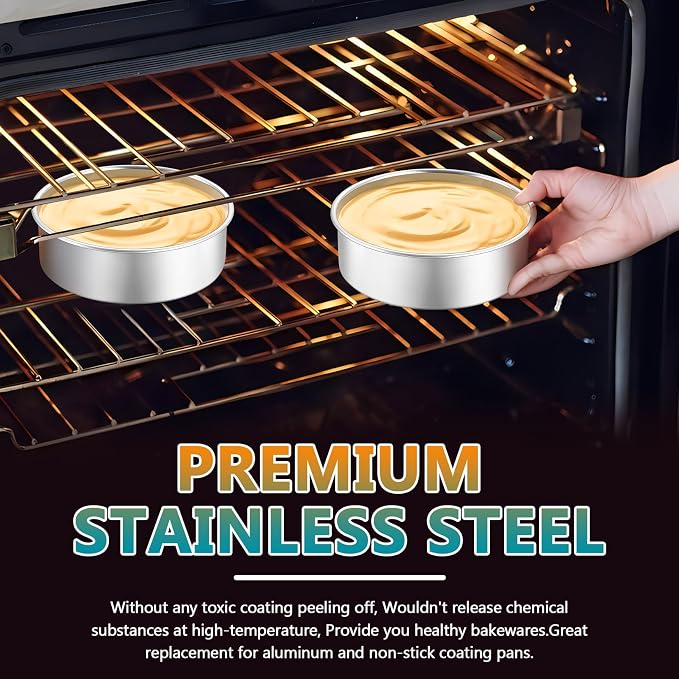 P&P CHEF 5 Inch Round Cake Pan Set of 3, Stainless Steel Baking Cake Pans | Round Baking Cake Pan Bakeware for Layer Birthday Cake, Fit Oven/Pots/Pressure Cooker, Leakproof & Dishwasher Safe, Silver