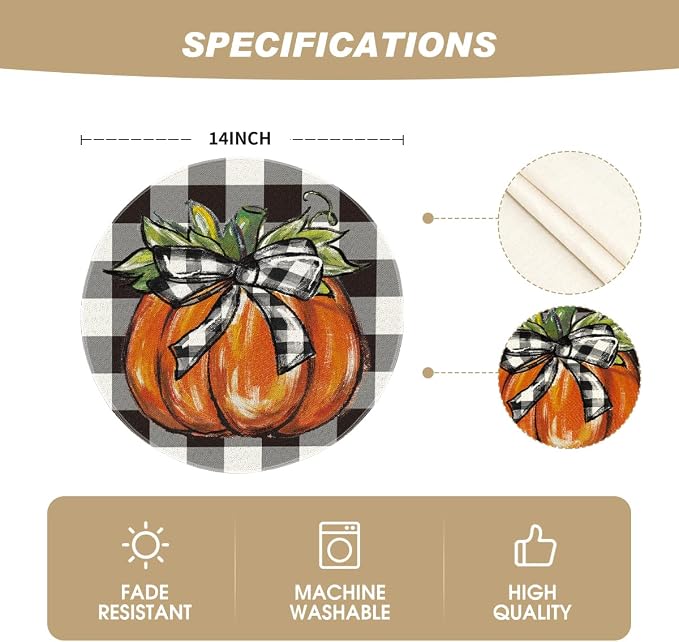 Artoid Mode Buffalo Plaid Pumpkin Fall Round Placemats Set of 4, 14 Inch Round Table Mats for Dining Decoration | Heat-Resistant, Washable Table Mats, Seasonal Autumn Bowknot Kitchen Dining Decor
