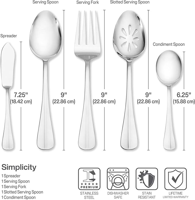 Pfaltzgraff Simplicity 53-Piece Flatware Set, 18/0 Stainless Steel Silverware Set for 8 with Serving Utensils, Classic Dining Cutlery for Everyday Use and Entertaining