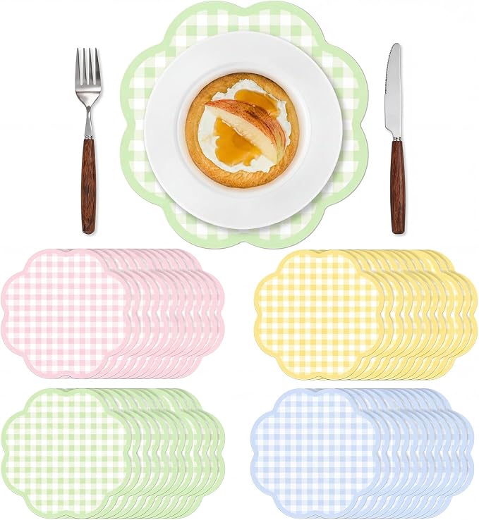 Patelai 48 Pcs Wavy Round Paper Placemats Colorful Pastel Disposable Placemats with Wavy Border for Birthday Wedding Tea Party Banquet Dinner Table Setting (Grid)