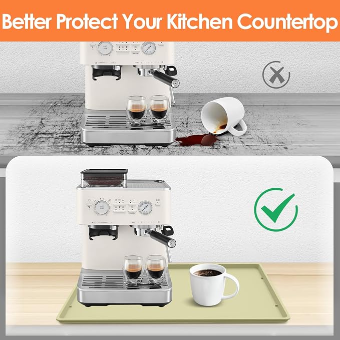Silicone Coffee Maker Mat with Lip for Countertops, 19.7''x15'', Sage Green | Multi leak-proof coffee tray for countertop, non-slip silicone tray for under coffee machine espresso accessory, wipe-clean