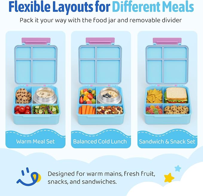 Bento Box for Kids with Thermo Food Container (9oz), 4-Compartment Lunch Box, Adjustable Divider, Leakproof Bento Lunch Box, Includes Utensils & Carry Bag for School, Office(Light Blue)