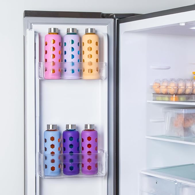 Mrsdry 18 oz Glass Water Bottles with Lids & Silicone Sleeves, 4-Pack | BPA Free, Leak-Proof Reusable Glass Drinking Bottles with Stainless Steel Airtight Cap for Juicing, Dishwasher Safe, Non-Slip