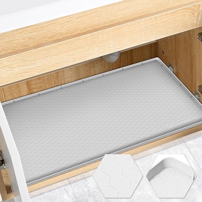 Silicone Under Sink Mat 31"x22", Waterproof Cabinet Liner, LightGrey | Shelf Liner, Cabinet Protector, Home Organizer, for Kitchen, Bathroom, Multipurpose, Leak Proof, Easy Clean, Drip Tray, Clean