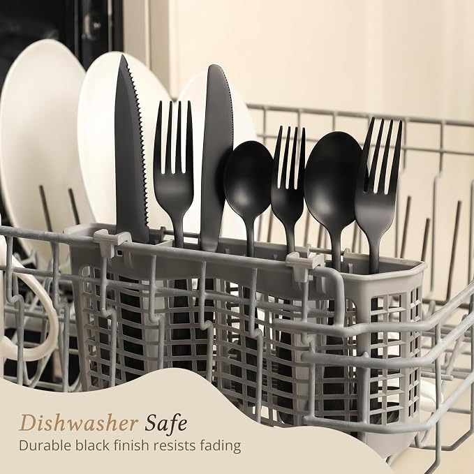 Hiware 48-Piece Black Silverware Set for 8, 18/10 Stainless Steel Flatware Cutlery Set with Forks, Knives, Spoons, Steak Knives, Durable and Elegant Design Utensils Tableware - Dishwasher Safe