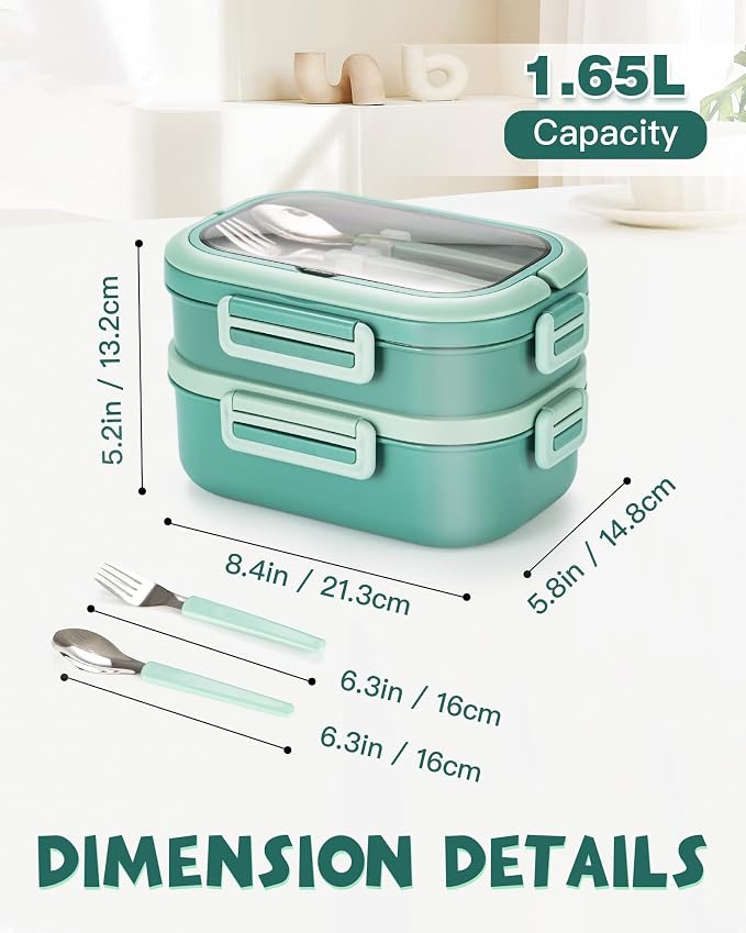 Lille Home Stackable Stainless Steel Bento Lunch Box + Insert Cutlery, 56oz | 2 Tier Leakproof Metal Lunch Boxes, 4-Compartment Food Containers for Work, Picnic, Meal Prep & Portion Control (Green)