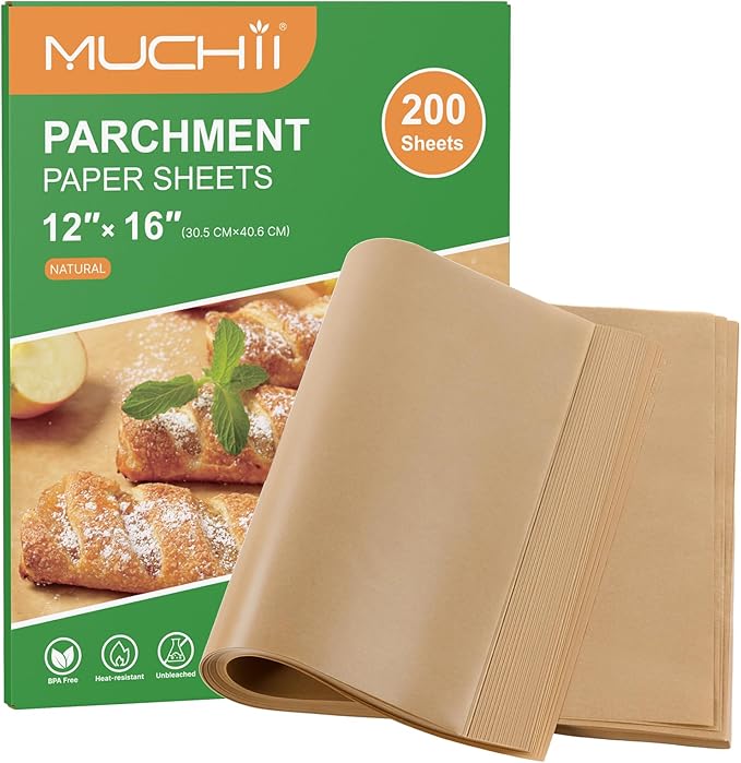 MUCHII 200 Pcs Parchment Paper Sheets for Baking, Precut Non-Stick | 12x16 Inch,Unbleached,Baking Paper,Parchment for Oven,Grilling,Steaming,Air Fryer Liners Disposable,Half Sheet Pans