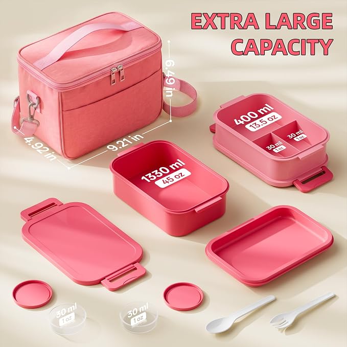 Bento Box Adult Lunch Box - 2130ml Lunch Box for Women with Insulated Lunch Bag, Utensils & Sauce Container, Leak Proof Bento Box for Girls, Reusable Plastic Lunch Container for Work, Meal Prep, Pink