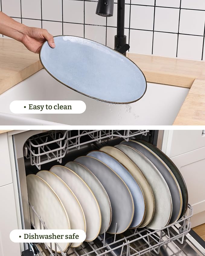 famiware Serving Platters Set of 3 Sizes - Oval, Blue | 15.59"/14.3"/12.9" Fine Stoneware Serving Trays for Party, Entertaining for Food, Turkey, Cheese, Microwave Dishwasher Safe