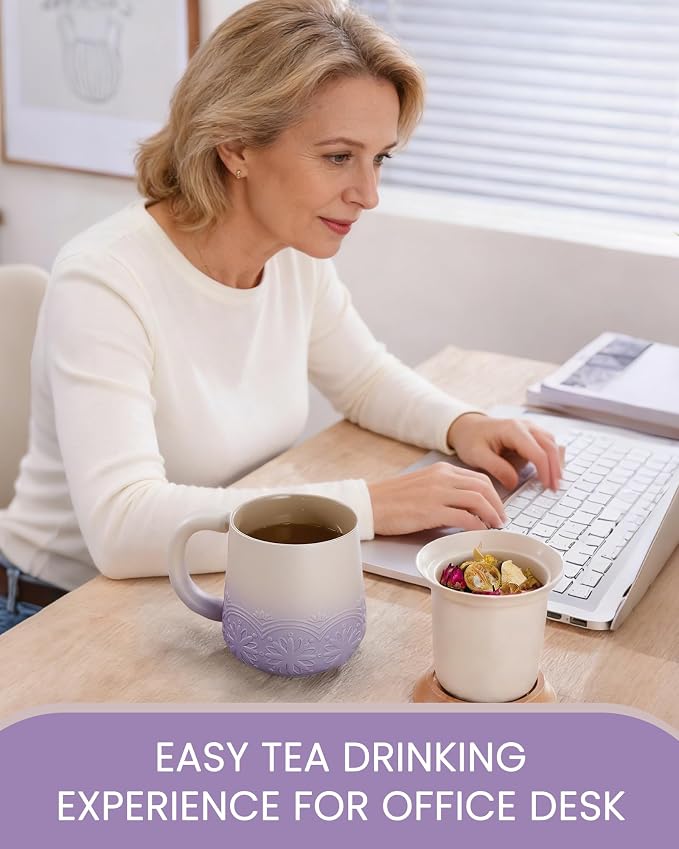 ZENS Tea Mug with Infuser and Lid for Loose Tea Diffusers, 12oz Purple | Embossed Ceramic Tea Cup with Infuser for Herbal Tea Steeper, Tea Lovers Gifts, Japandi Style Sunflower