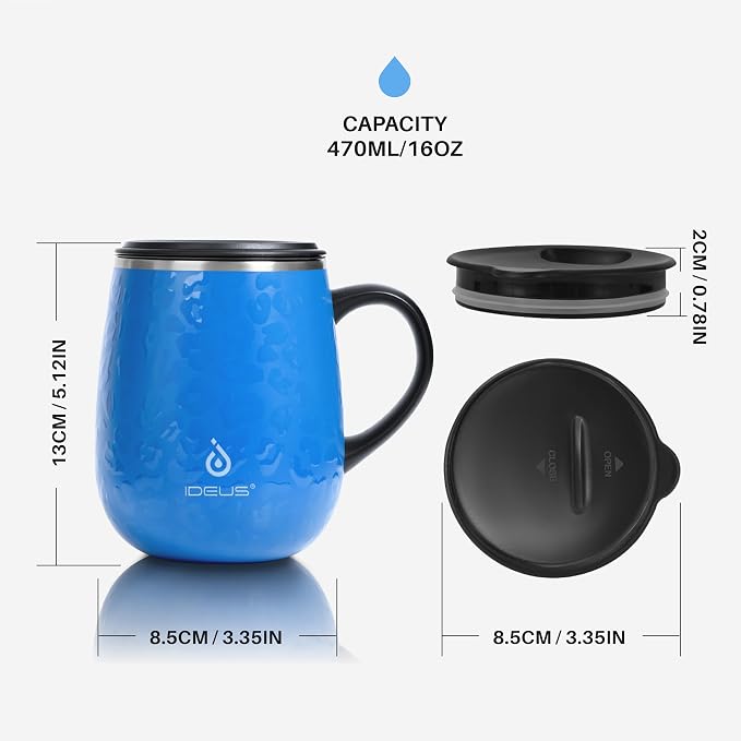 Ideus 16 oz (470 ml) Insulated Coffee Mug with Handle and Lid, Double Wall Stainless Steel Vacuum Thermal Coffee Mug, Travel Coffee Cup Thermal Cup for Home and Office (Leopard Blue)