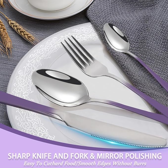 24 Pieces Flatware Set, Caliamary Stainless Steel Flatware Set with Silverware Holder Spoons Forks Knives,Utensils Set Service for 6,Gold Mirror Polished and Matte Pink Painted (GradientPurple)
